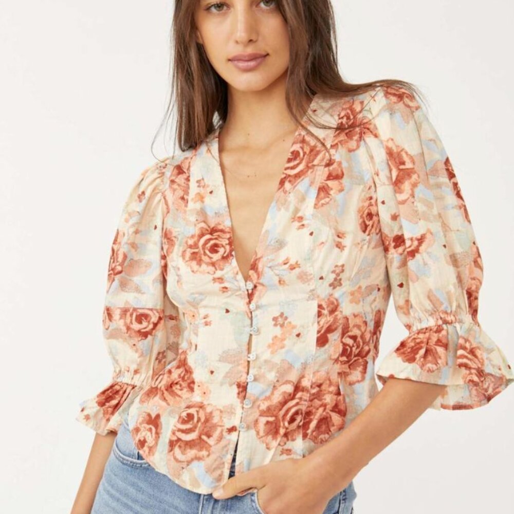 Free People Womens Small Floral Button Up I Found You Printed Top Blouse